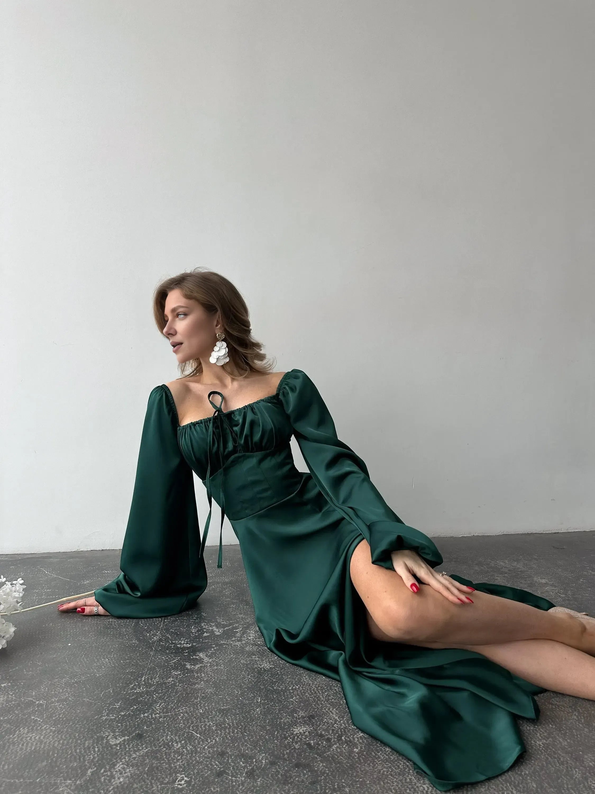 Elegant A-Line Square Neck Bishop Sleeve Pleated Satin Floor-Length Prom Dress