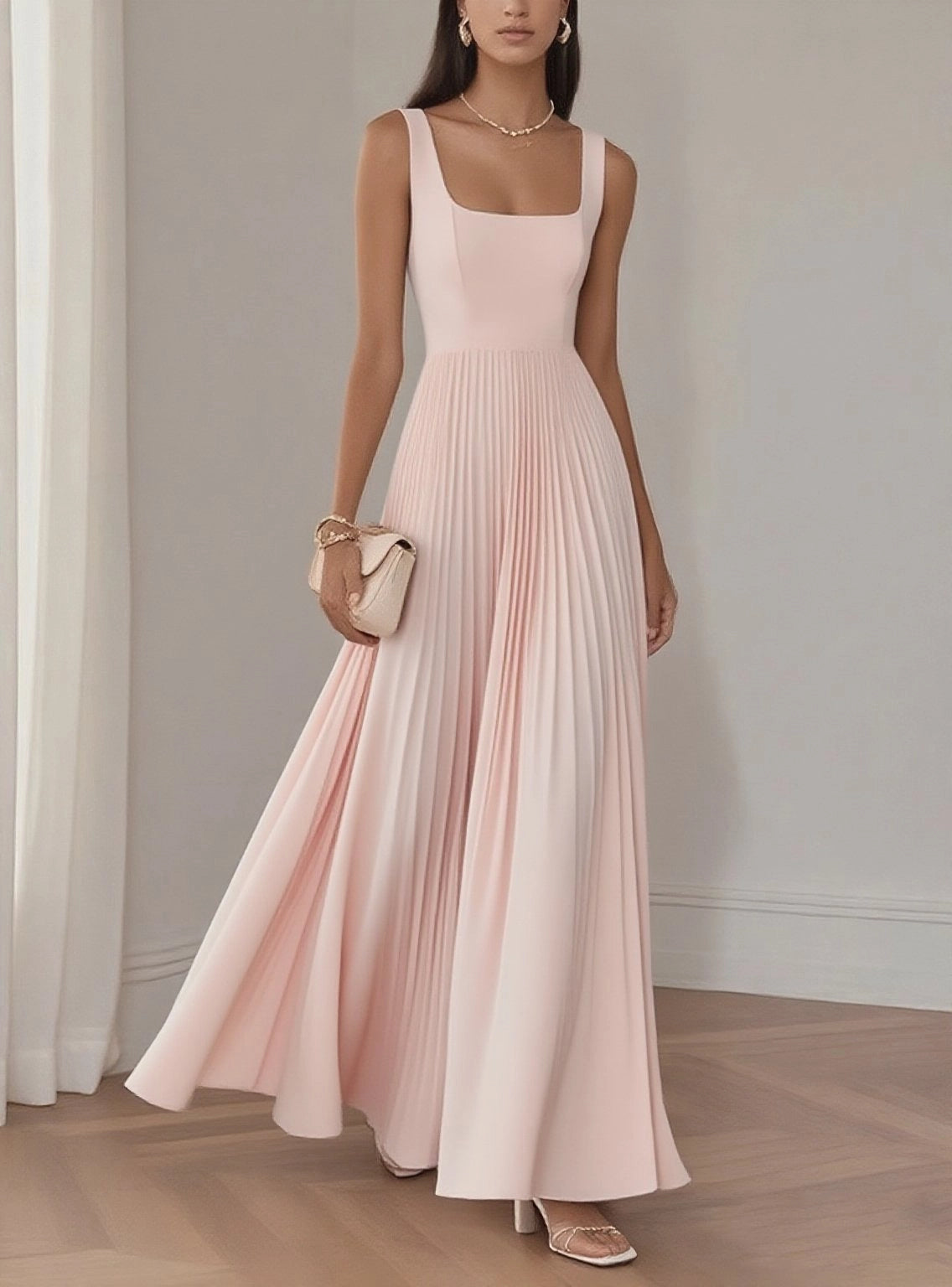 Elegant A-Line Square Neck Sleeveless Back Zip Floor-Length Evening Dress