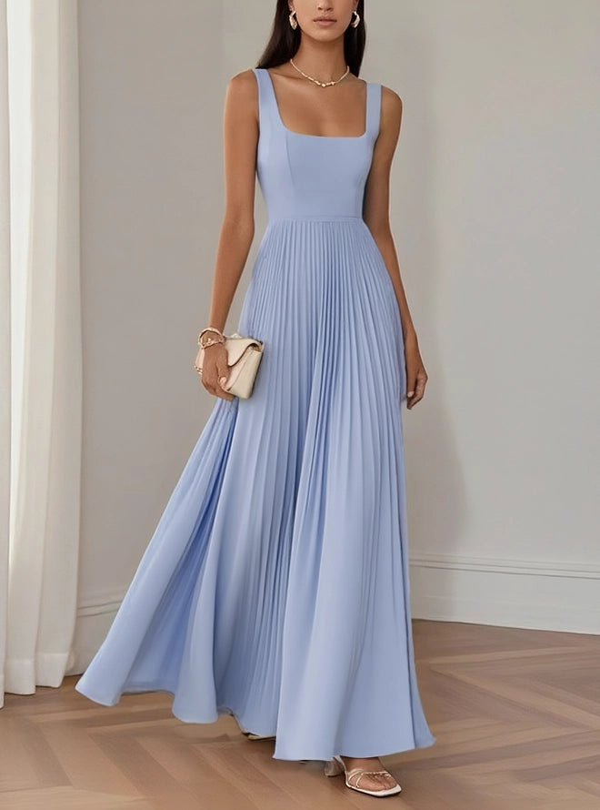 Elegant A-Line Square Neck Sleeveless Back Zip Floor-Length Evening Dress