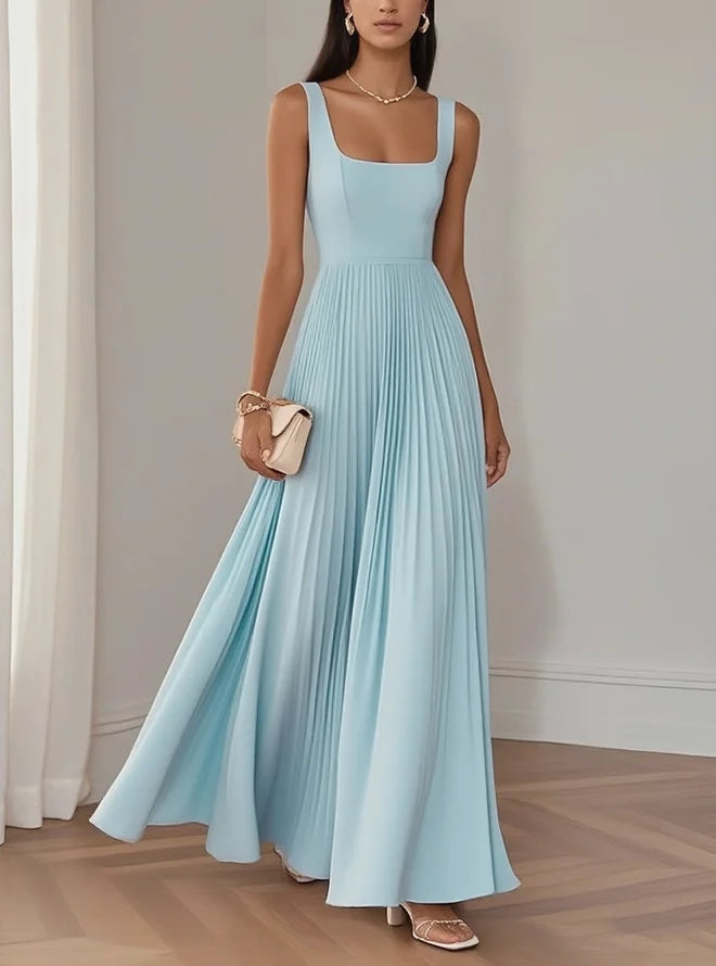 Elegant A-Line Square Neck Sleeveless Back Zip Floor-Length Evening Dress