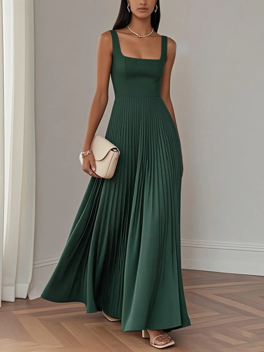 Elegant A-Line Square Neck Sleeveless Back Zip Floor-Length Evening Dress