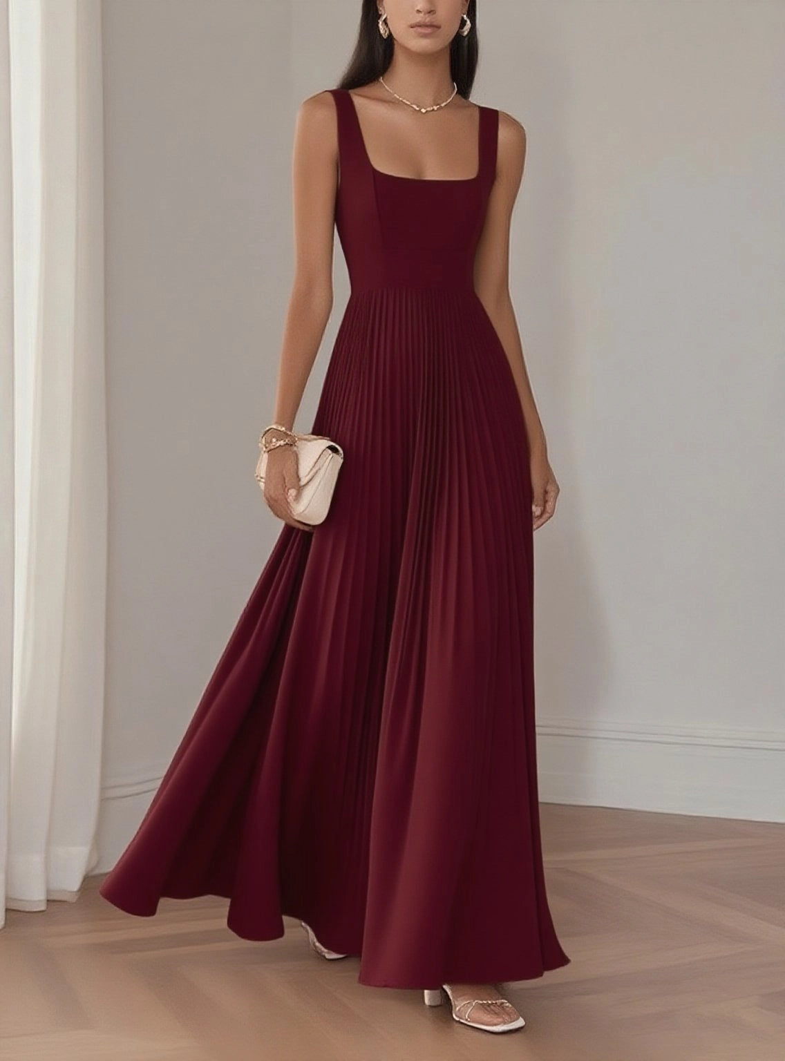 Elegant A-Line Square Neck Sleeveless Back Zip Floor-Length Evening Dress