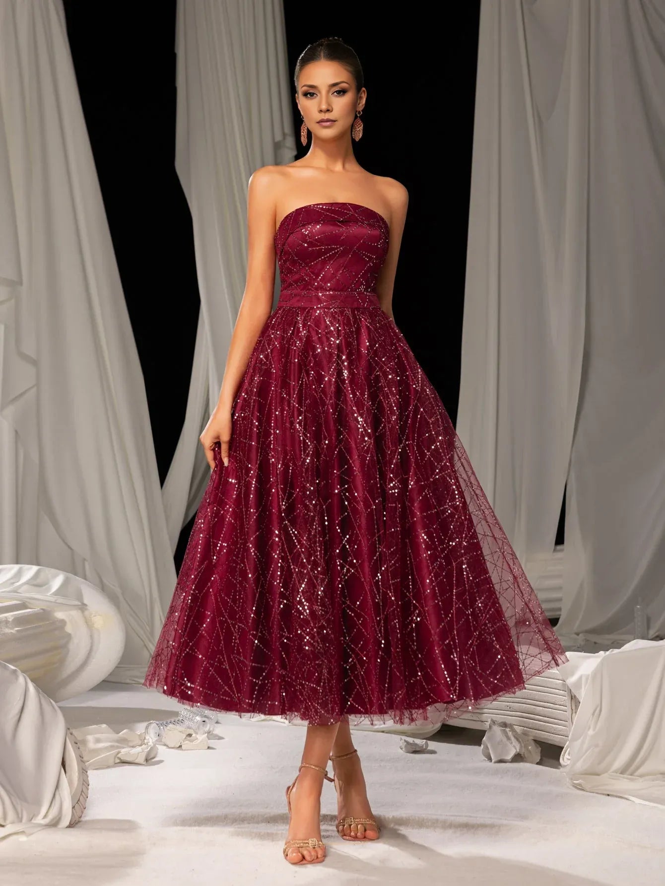 Elegant A-Line Strapless Neck Sleeveless Lace Up Tea-Length Prom Dress