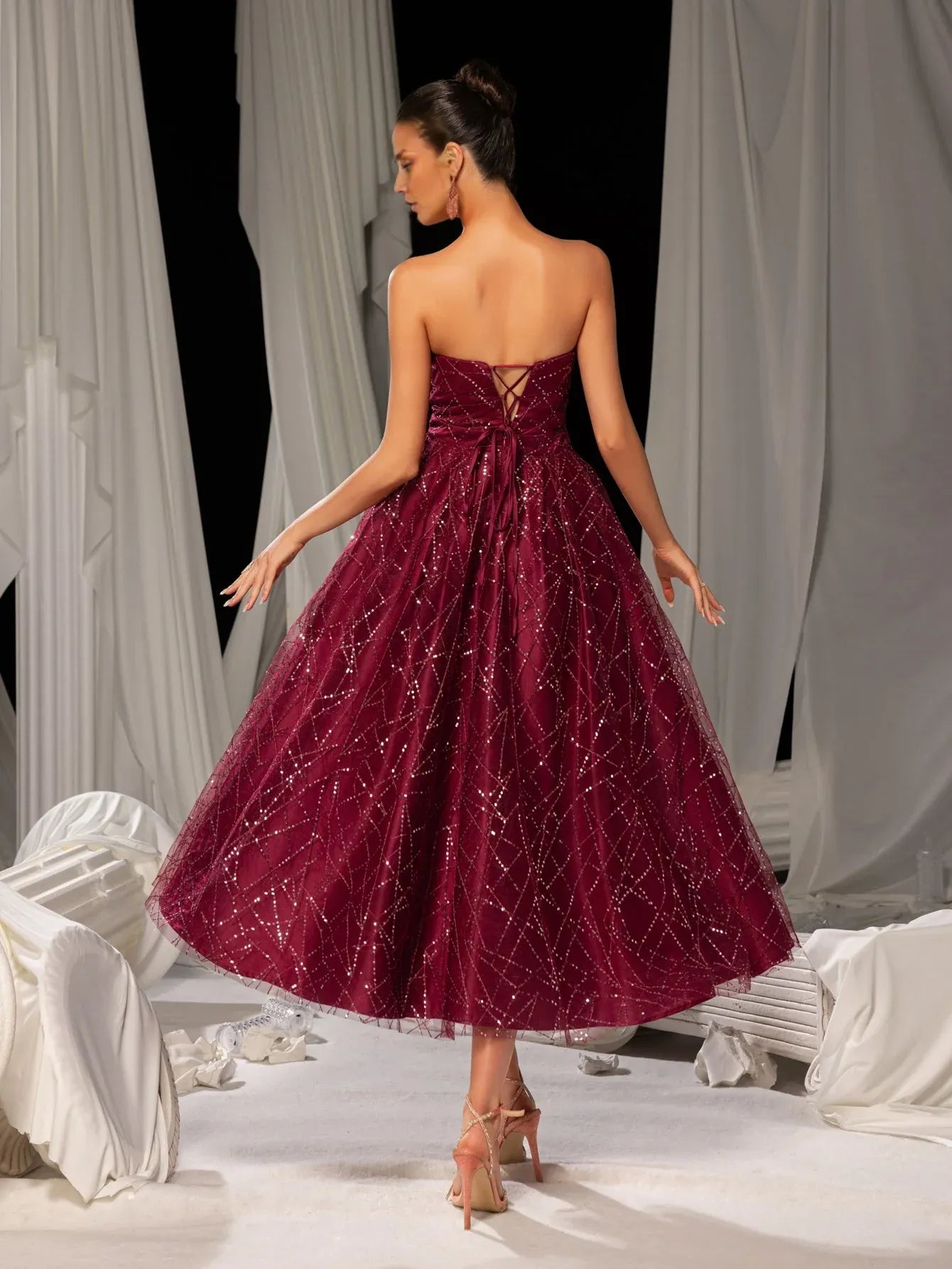 Elegant A-Line Strapless Neck Sleeveless Lace Up Tea-Length Prom Dress