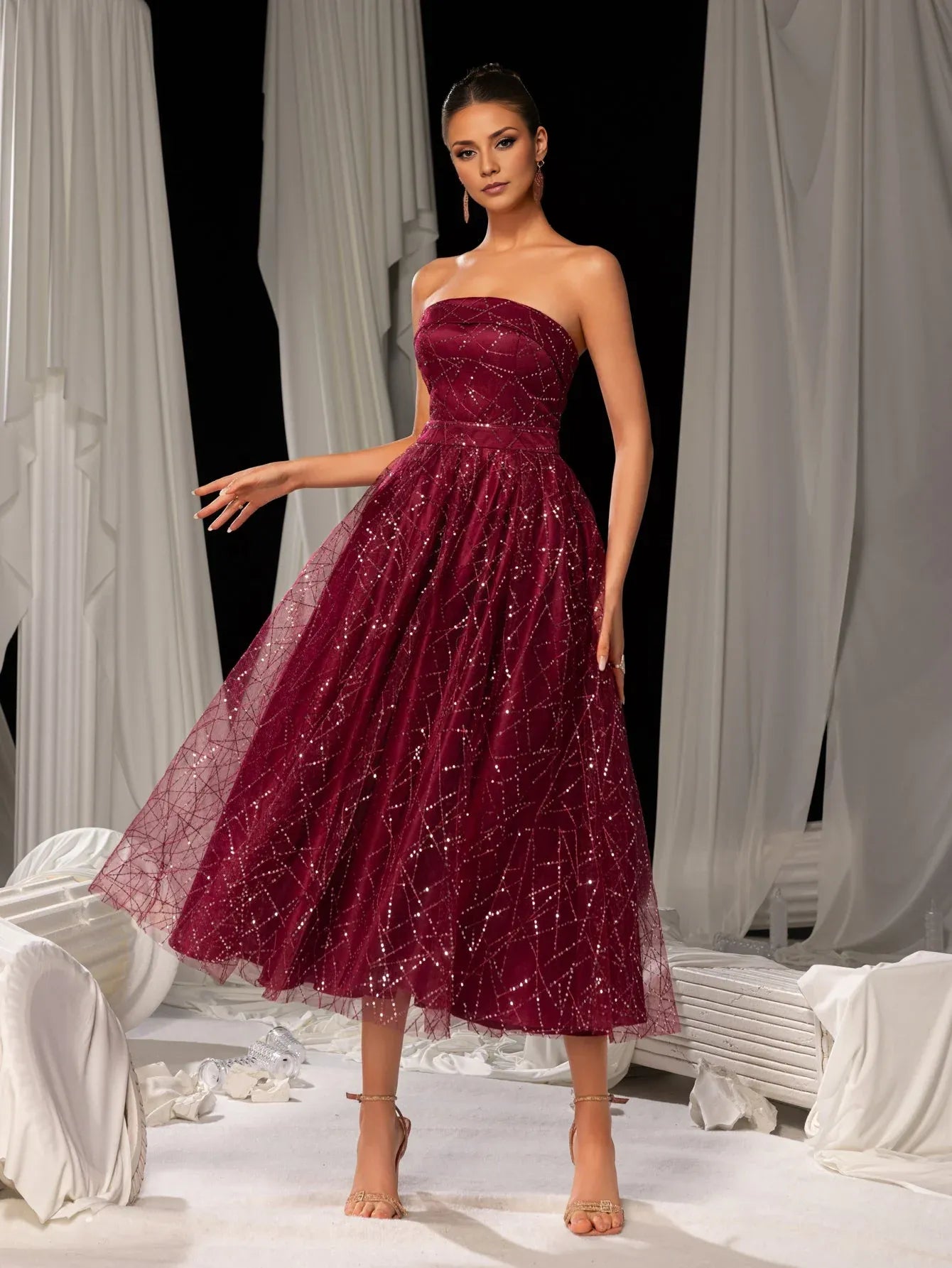 Elegant A-Line Strapless Neck Sleeveless Lace Up Tea-Length Prom Dress