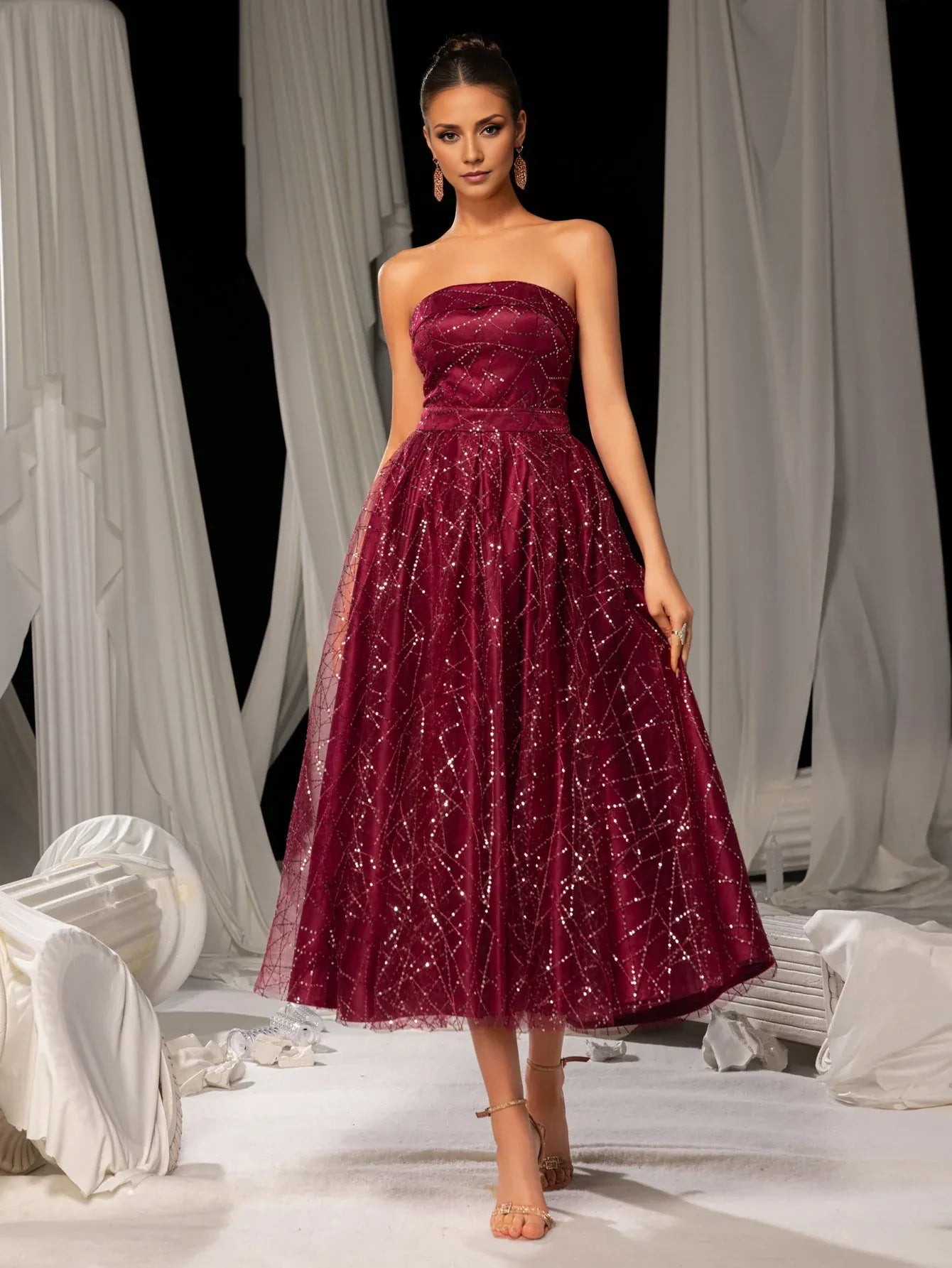 Elegant A-Line Strapless Neck Sleeveless Lace Up Tea-Length Prom Dress