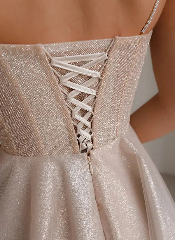 Elegant A-Line Sweetheart Corset Ruffle Glitter Champagne Short Homecoming Dress
