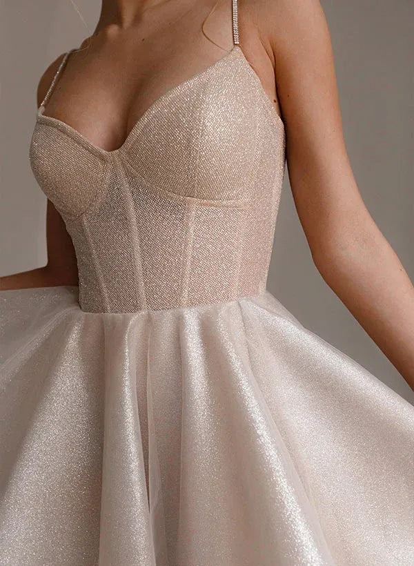 Elegant A-Line Sweetheart Corset Ruffle Glitter Champagne Short Homecoming Dress