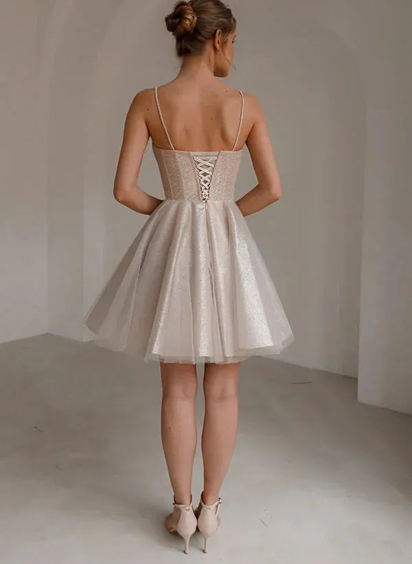 Elegant A-Line Sweetheart Corset Ruffle Glitter Champagne Short Homecoming Dress