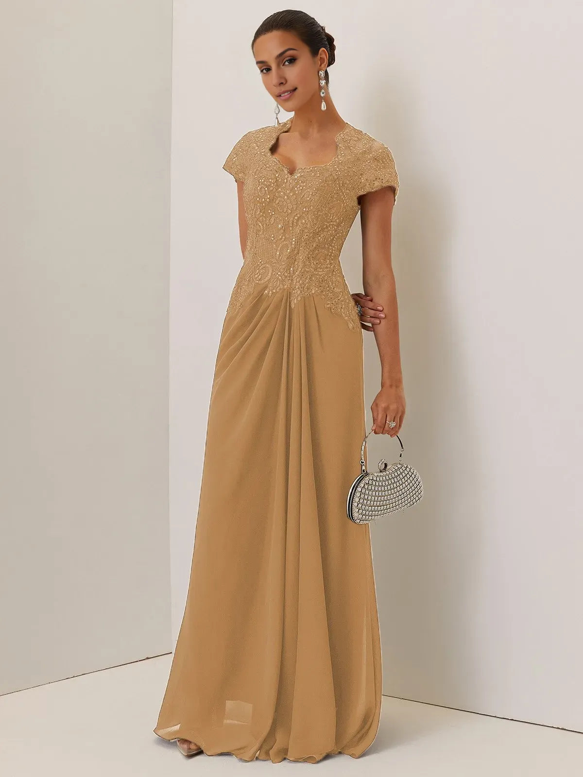 Elegant A-Line Sweetheart Neck Short Sleeve Keyhole Back Floor-Length Evening Dress