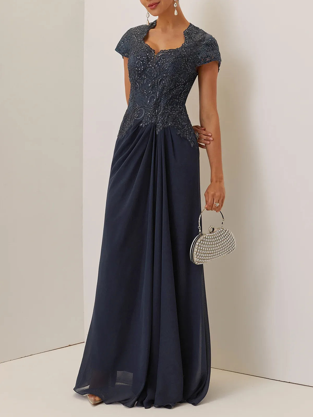 Elegant A-Line Sweetheart Neck Short Sleeve Keyhole Back Floor-Length Evening Dress