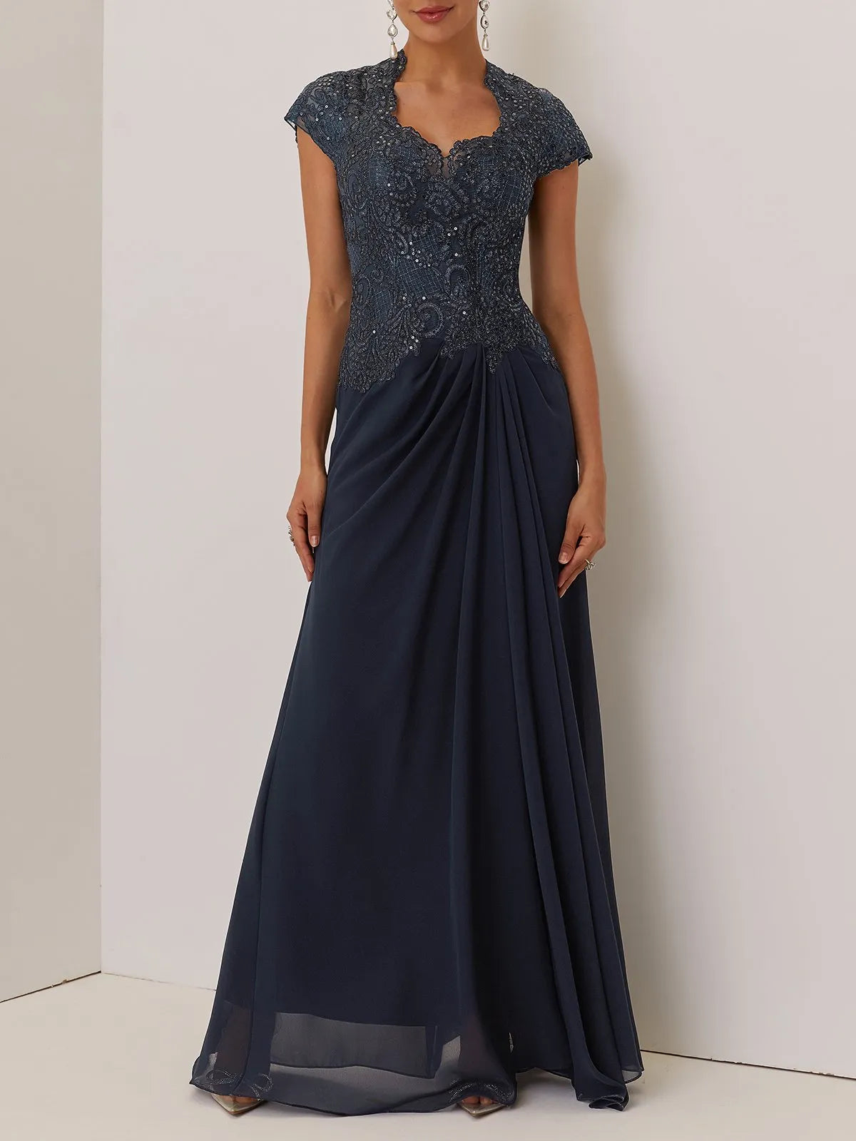 Elegant A-Line Sweetheart Neck Short Sleeve Keyhole Back Floor-Length Evening Dress