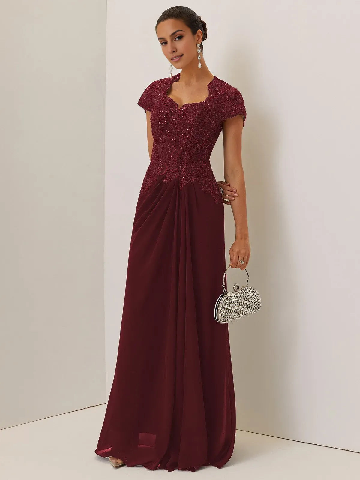 Elegant A-Line Sweetheart Neck Short Sleeve Keyhole Back Floor-Length Evening Dress