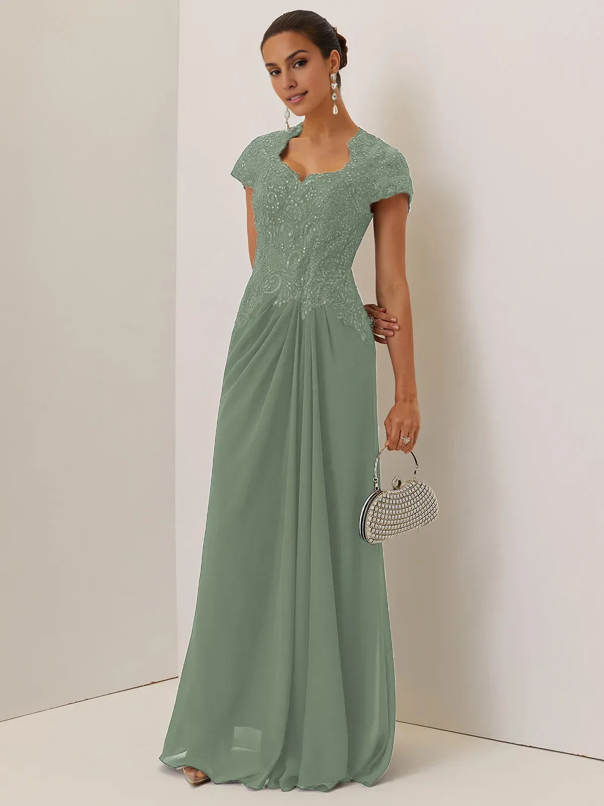 Elegant A-Line Sweetheart Neck Short Sleeve Keyhole Back Floor-Length Evening Dress