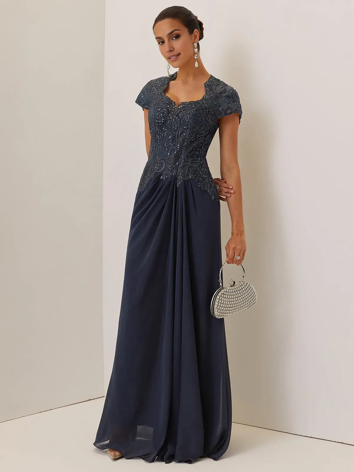 Elegant A-Line Sweetheart Neck Short Sleeve Keyhole Back Floor-Length Evening Dress