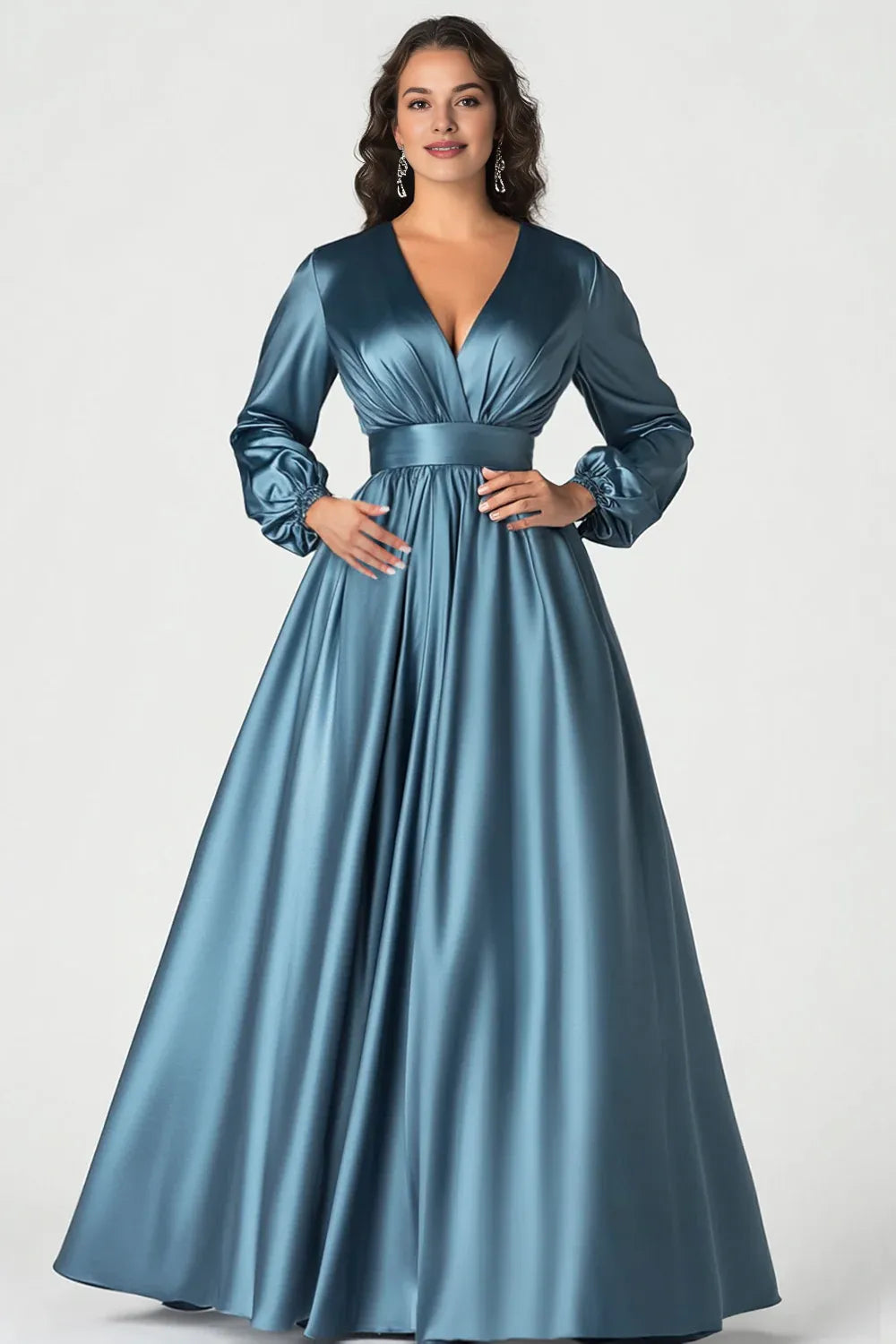 Elegant A-Line V-Neck 3/4 Sleeves Zipper Up Floor-Length Mother of the Bride Dress