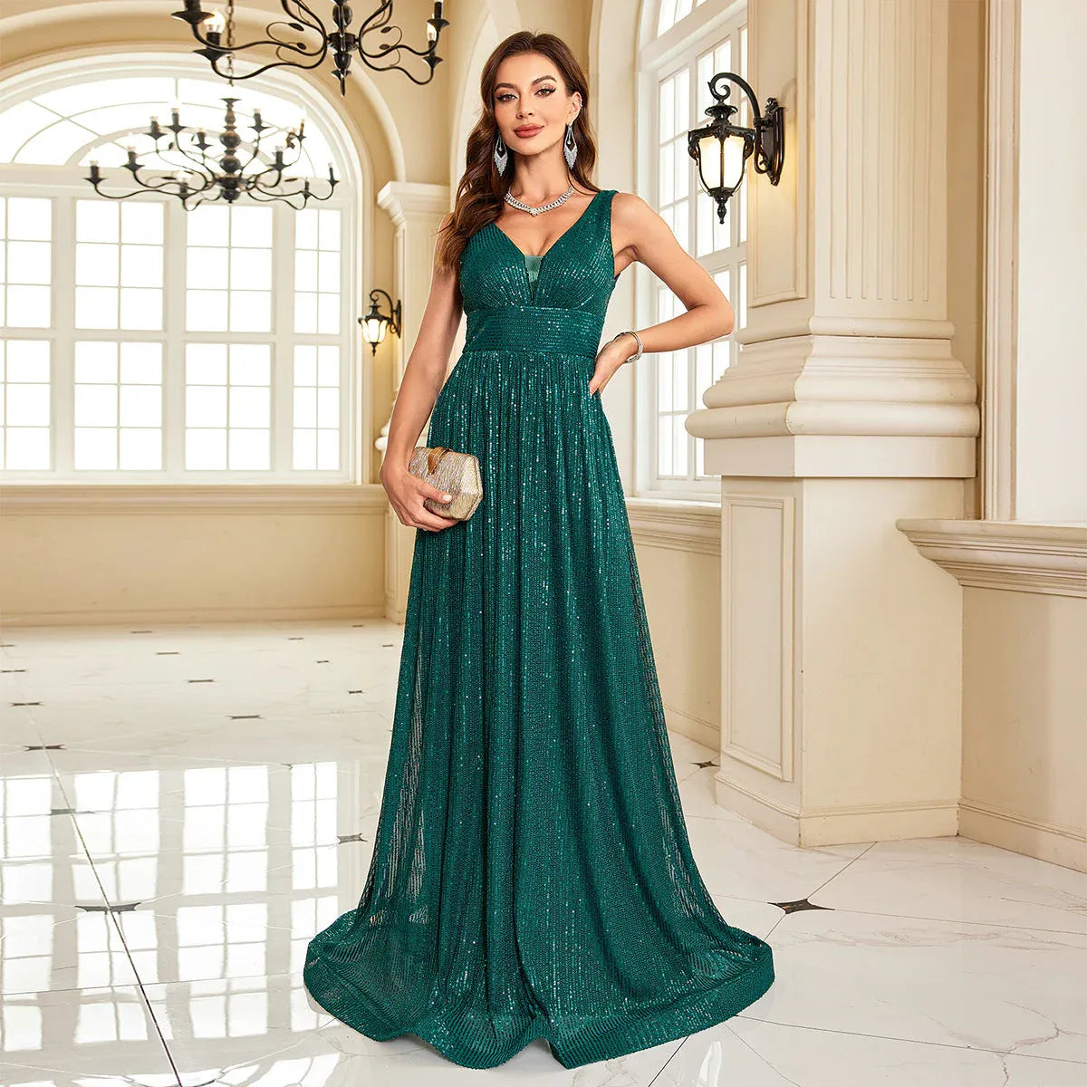 Elegant A-Line V-Neck Sleeveless Sequin Emerald Green Floor-Length Prom Dress