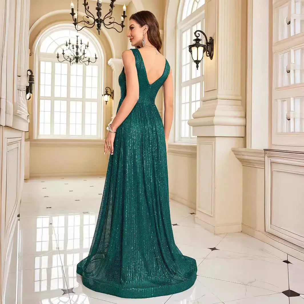 Elegant A-Line V-Neck Sleeveless Sequin Emerald Green Floor-Length Prom Dress