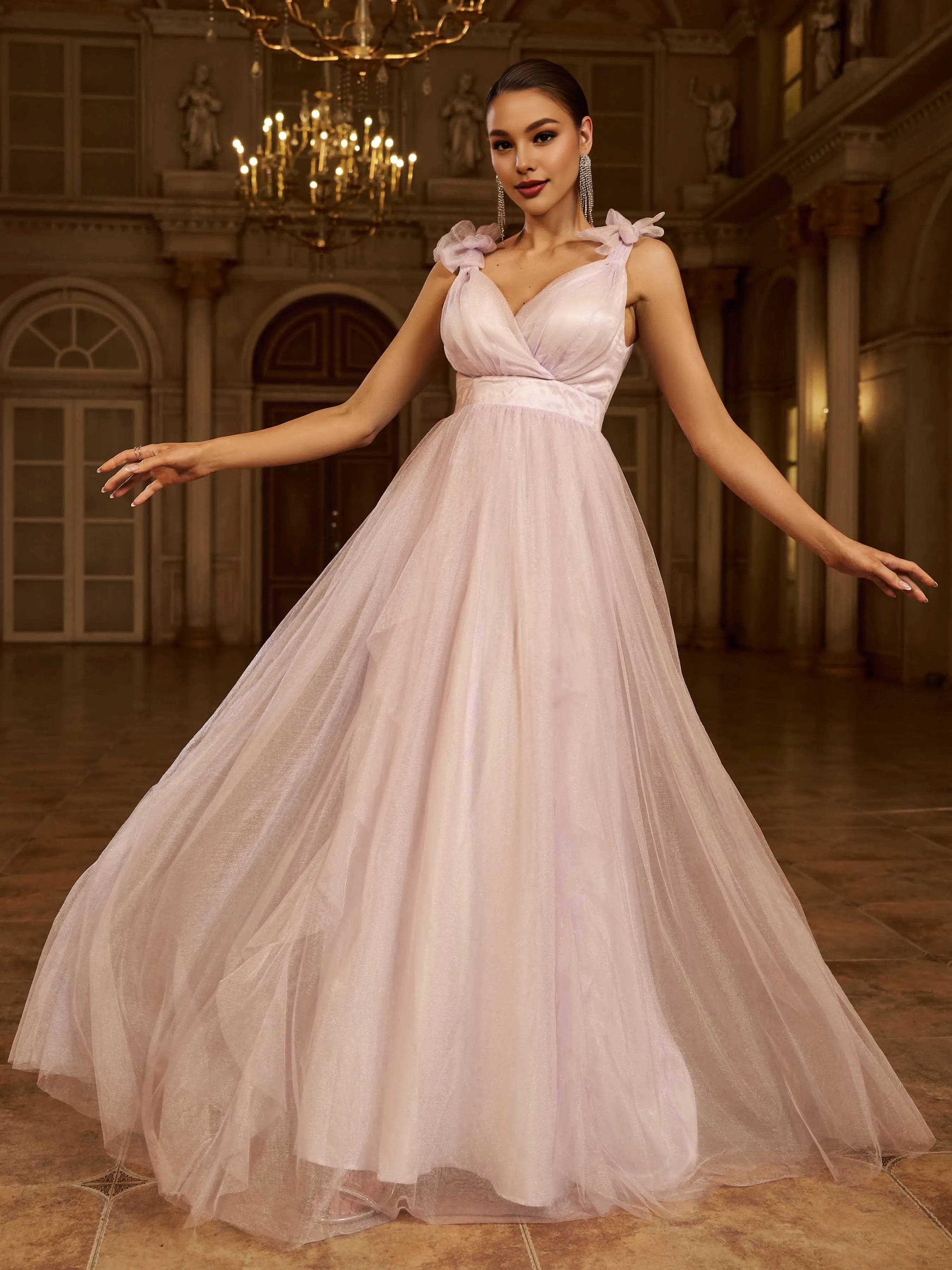 Elegant A-Line V-Neck Sleeveless Zipper Up Floor-Length Prom Dress