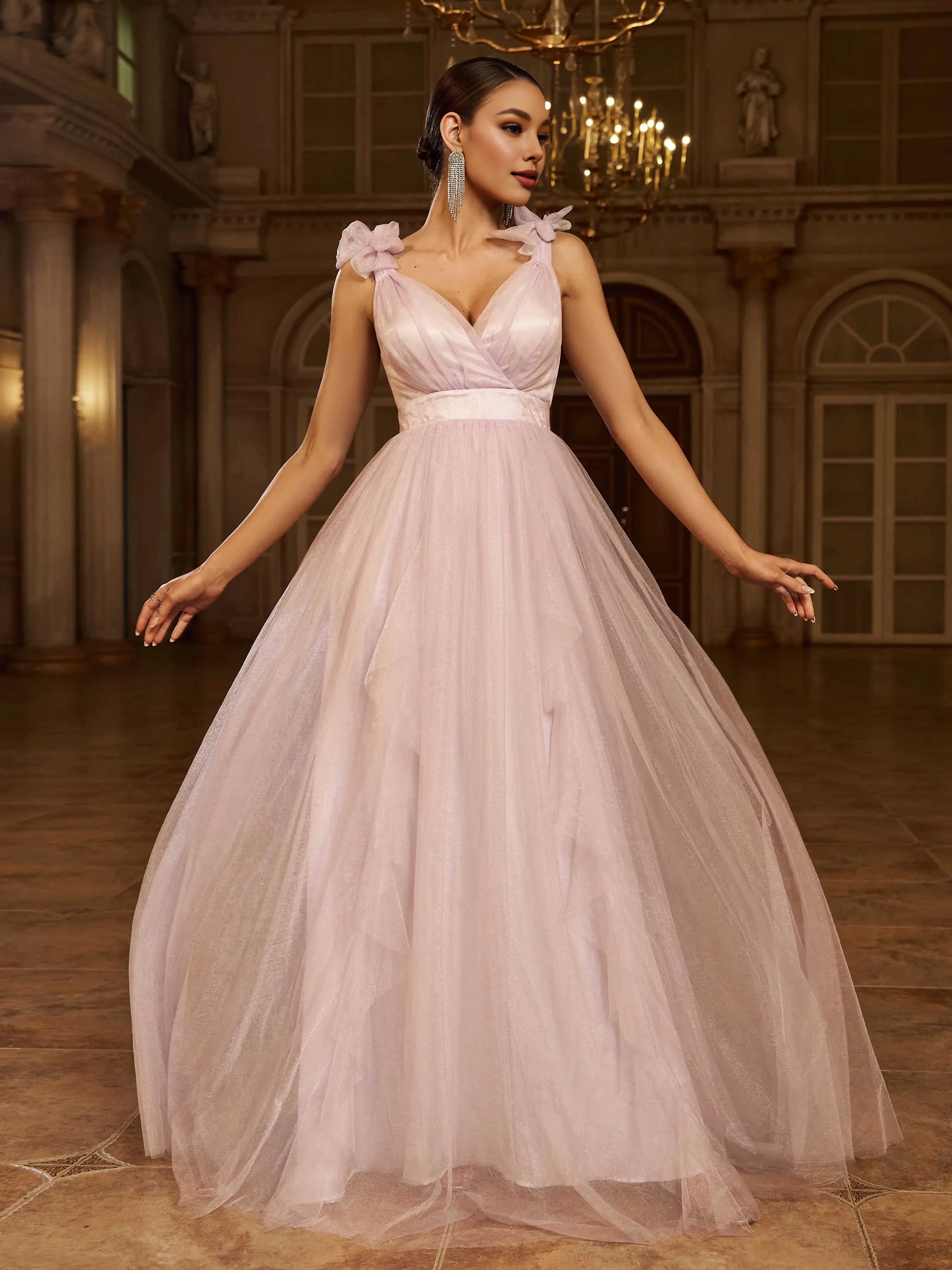 Elegant A-Line V-Neck Sleeveless Zipper Up Floor-Length Prom Dress