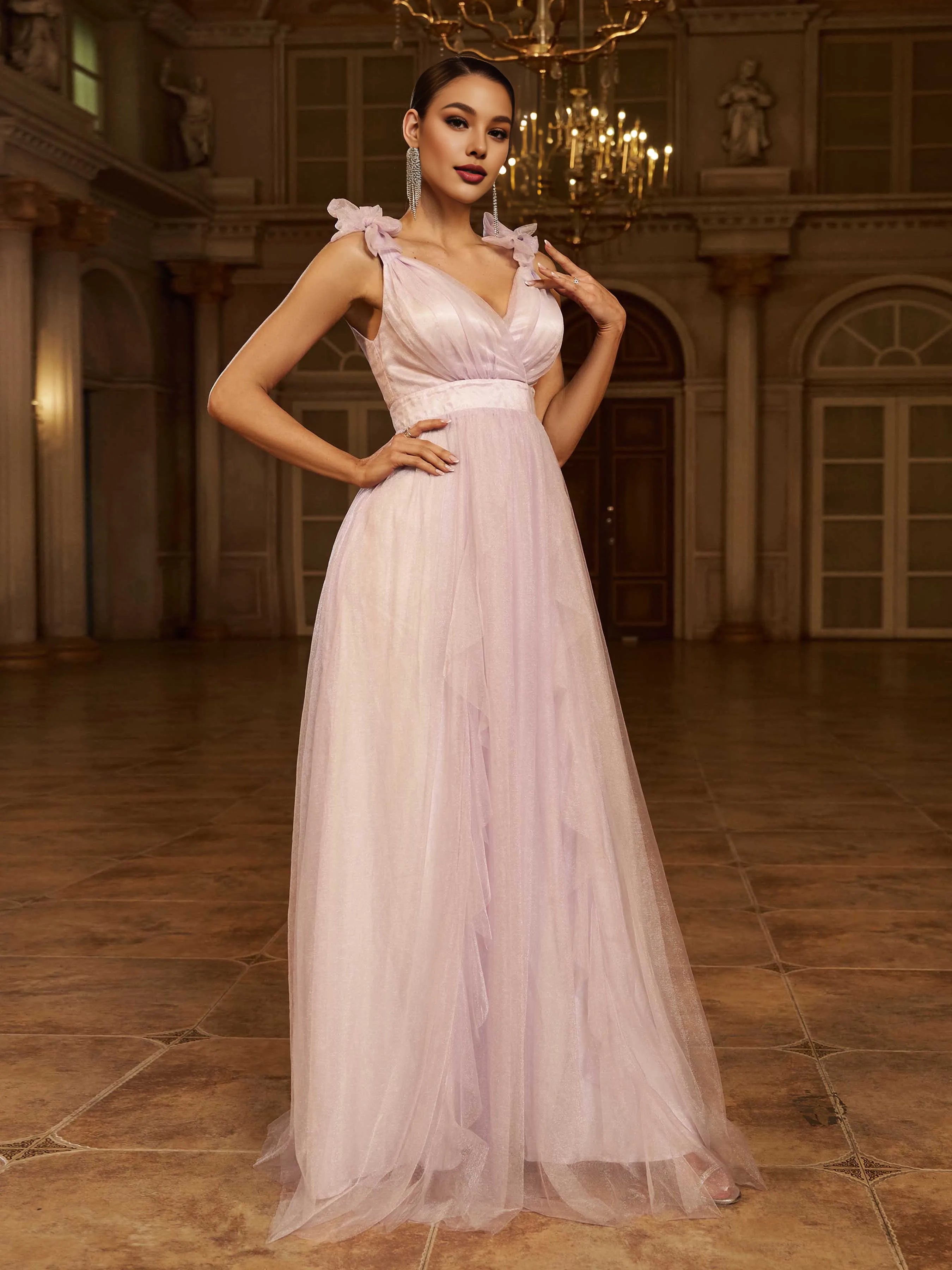 Elegant A-Line V-Neck Sleeveless Zipper Up Floor-Length Prom Dress