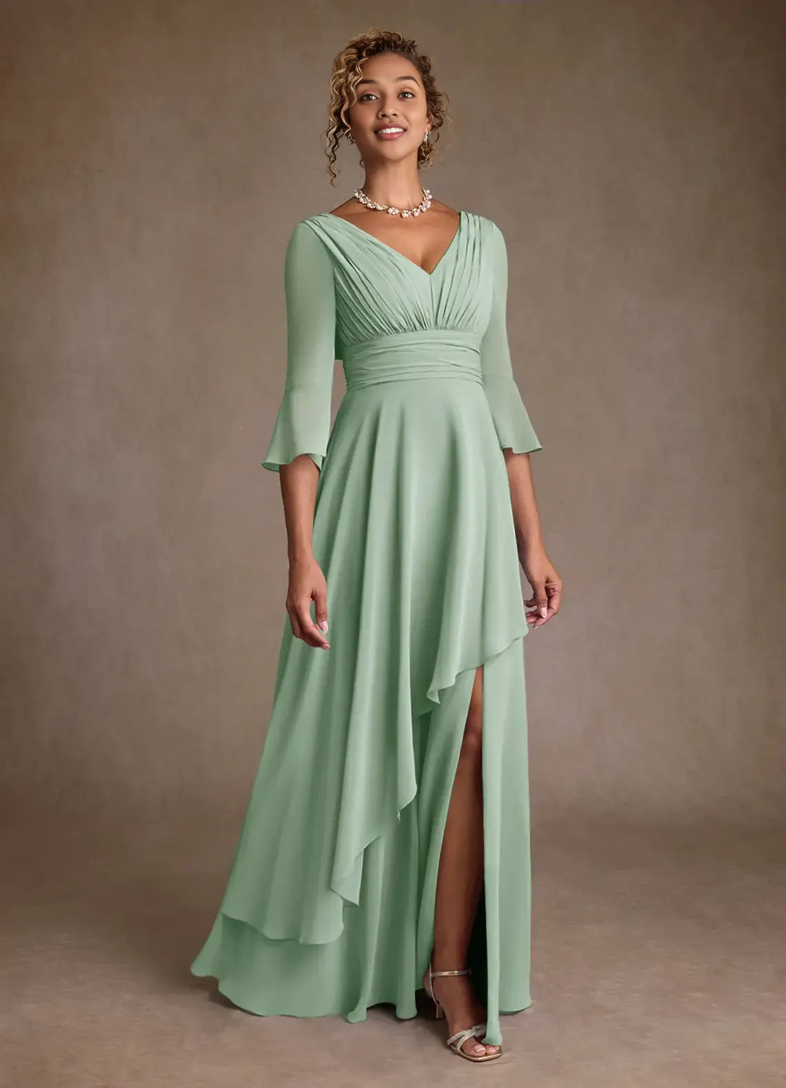 Elegant A-Line V-Neck Three-Quarter Sleeve Back Zip Floor-Length Mother of the Bride Dress