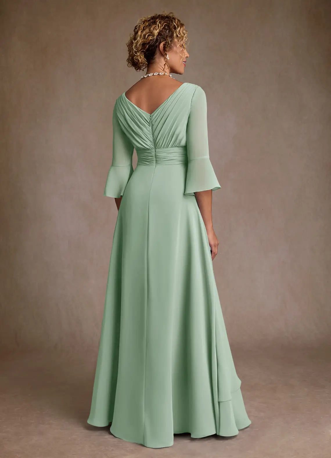 Elegant A-Line V-Neck Three-Quarter Sleeve Back Zip Floor-Length Mother of the Bride Dress