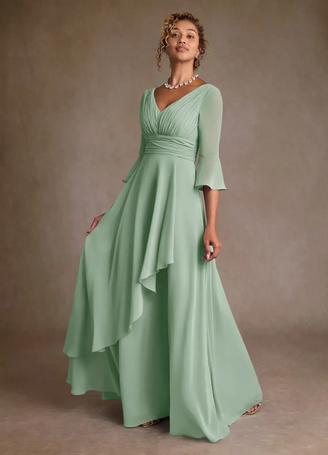 Elegant A-Line V-Neck Three-Quarter Sleeve Back Zip Floor-Length Mother of the Bride Dress