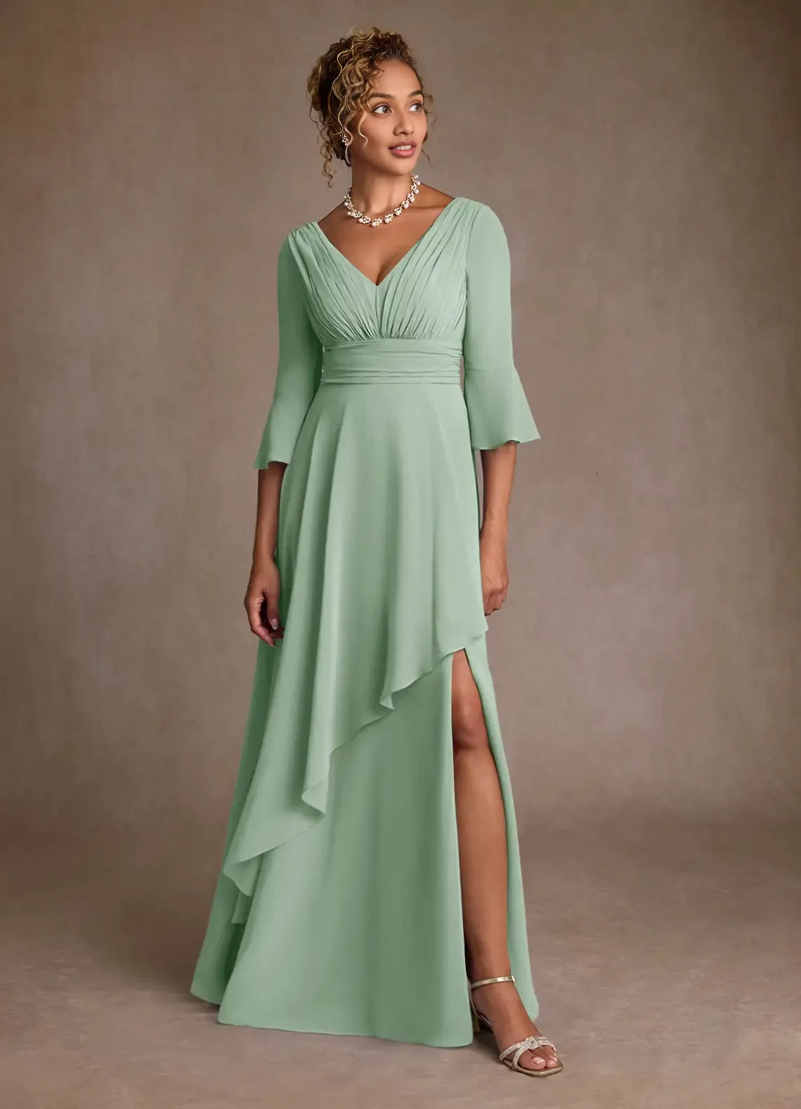 Elegant A-Line V-Neck Three-Quarter Sleeve Back Zip Floor-Length Mother of the Bride Dress
