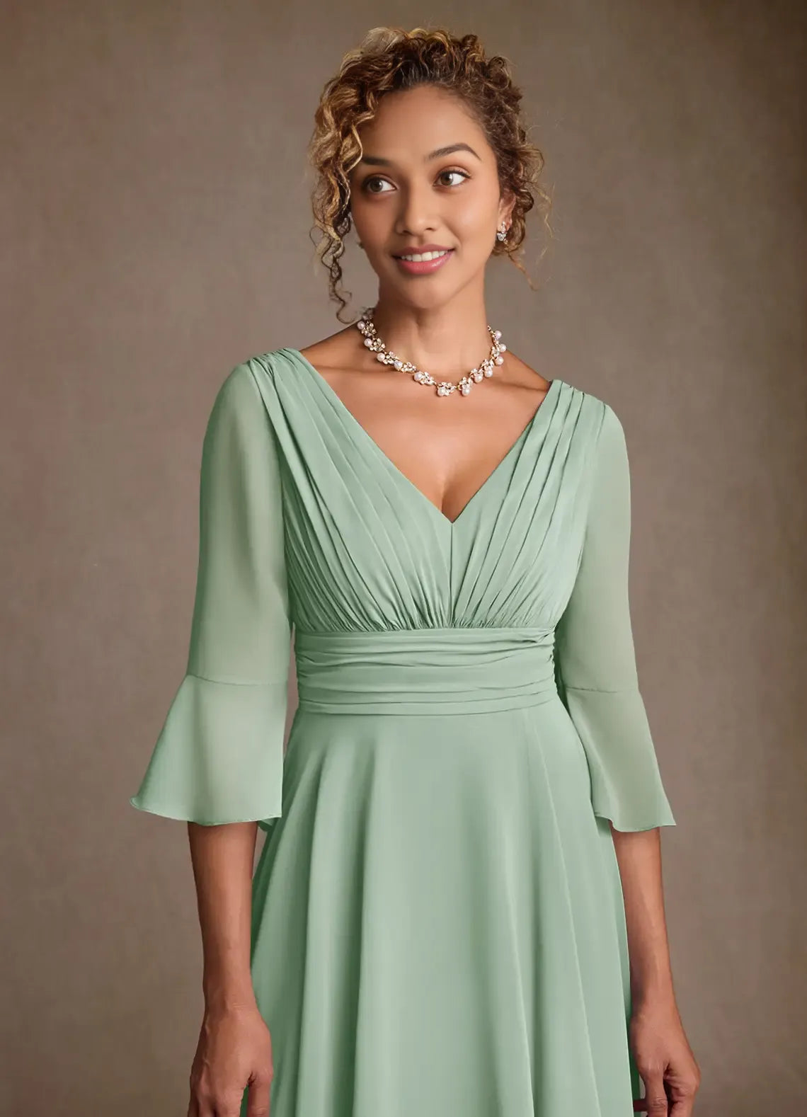 Elegant A-Line V-Neck Three-Quarter Sleeve Back Zip Floor-Length Mother of the Bride Dress