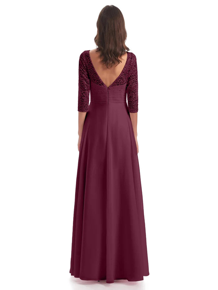 Elegant A-Line V-neck 3/4 Length Sleeves Chiffon Floor-Length Mother of the Bride Dress