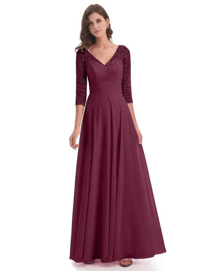 Elegant A-Line V-neck 3/4 Length Sleeves Chiffon Floor-Length Mother of the Bride Dress