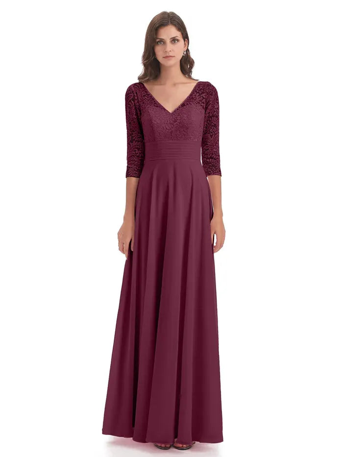 Elegant A-Line V-neck 3/4 Length Sleeves Chiffon Floor-Length Mother of the Bride Dress