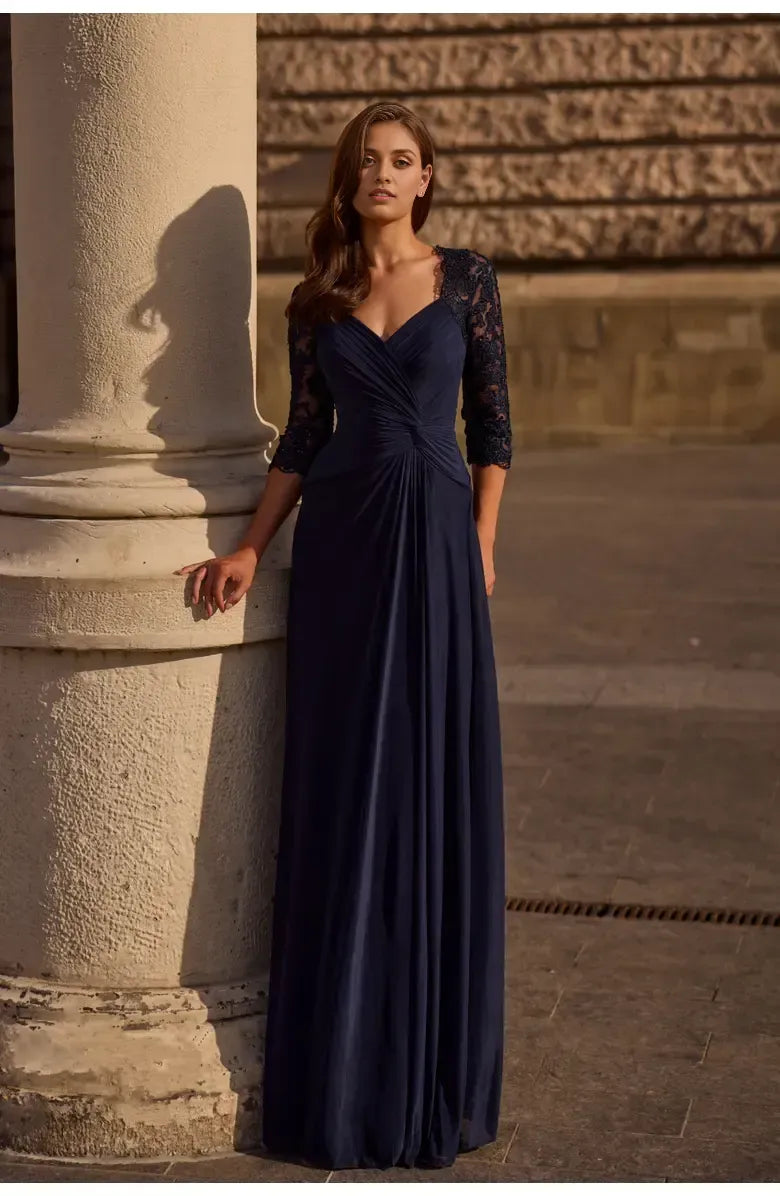 Elegant A-Line V-neck Lace Sleeves Backless Floor-Length Mother of the Bride Dress