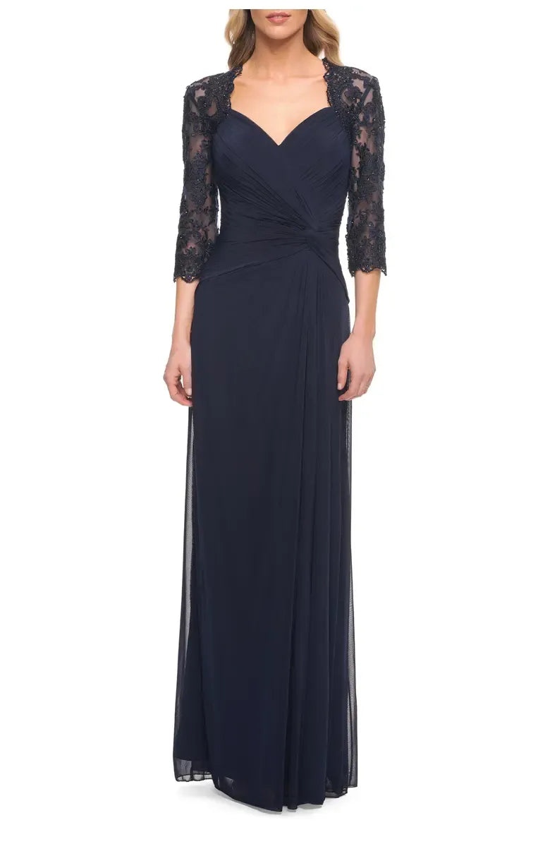 Elegant A-Line V-neck Lace Sleeves Backless Floor-Length Mother of the Bride Dress