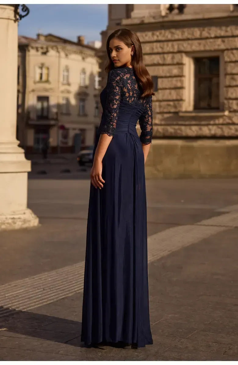 Elegant A-Line V-neck Lace Sleeves Backless Floor-Length Mother of the Bride Dress