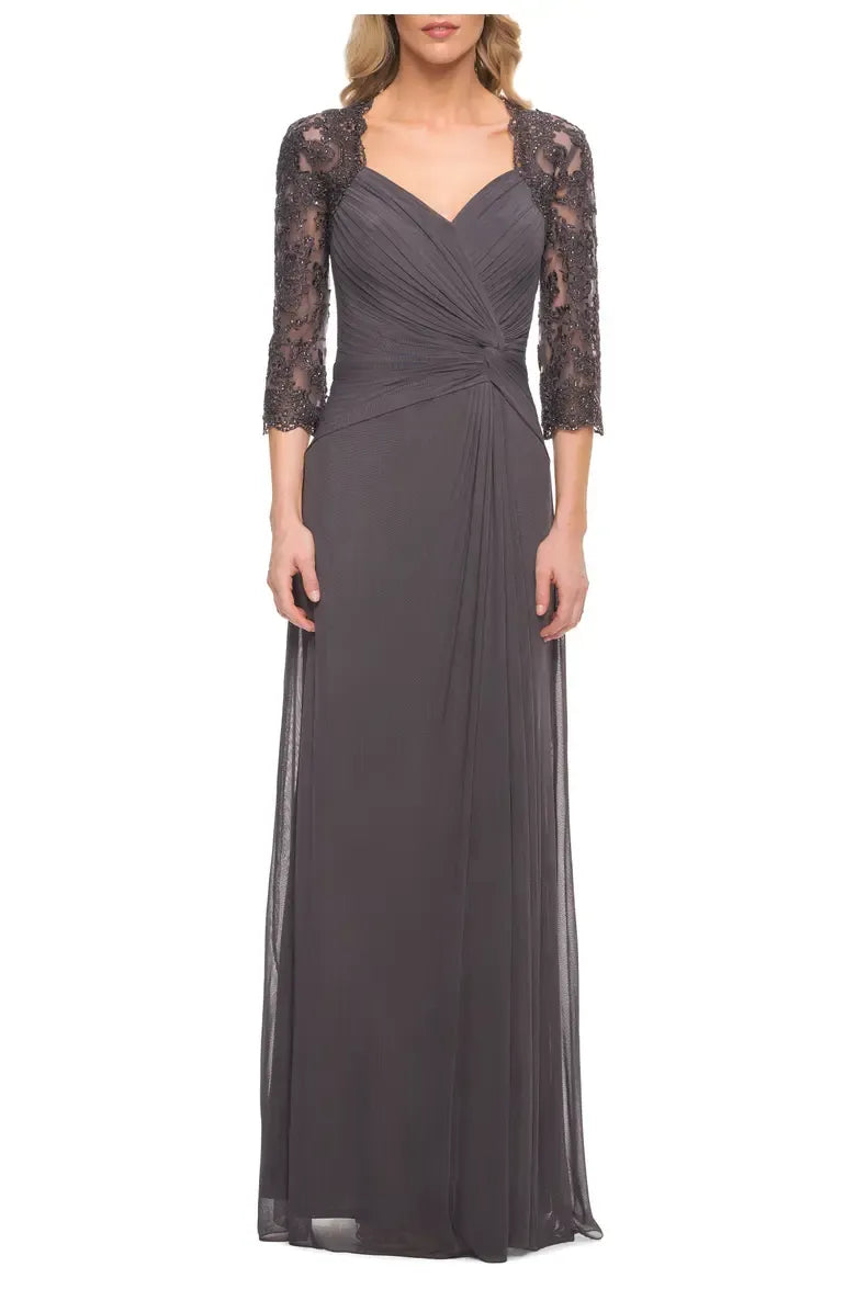 Elegant A-Line V-neck Lace Sleeves Backless Floor-Length Mother of the Bride Dress