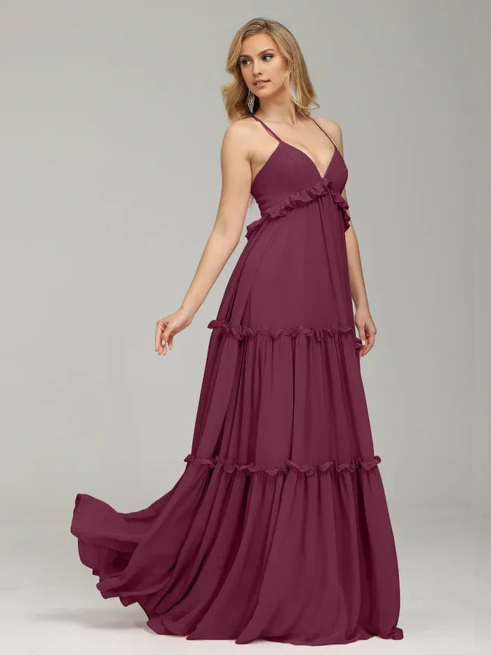 Elegant A-Line V-neck Sleeveless Backless Floor-Length Prom Dress