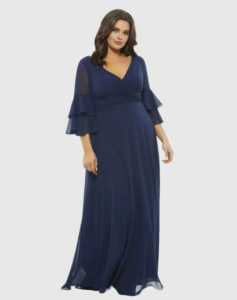 Elegant A-Line V Neck Bell Sleeve Zipper Up Sweep/Brush Train Plus Size Mother of the Bride Dress