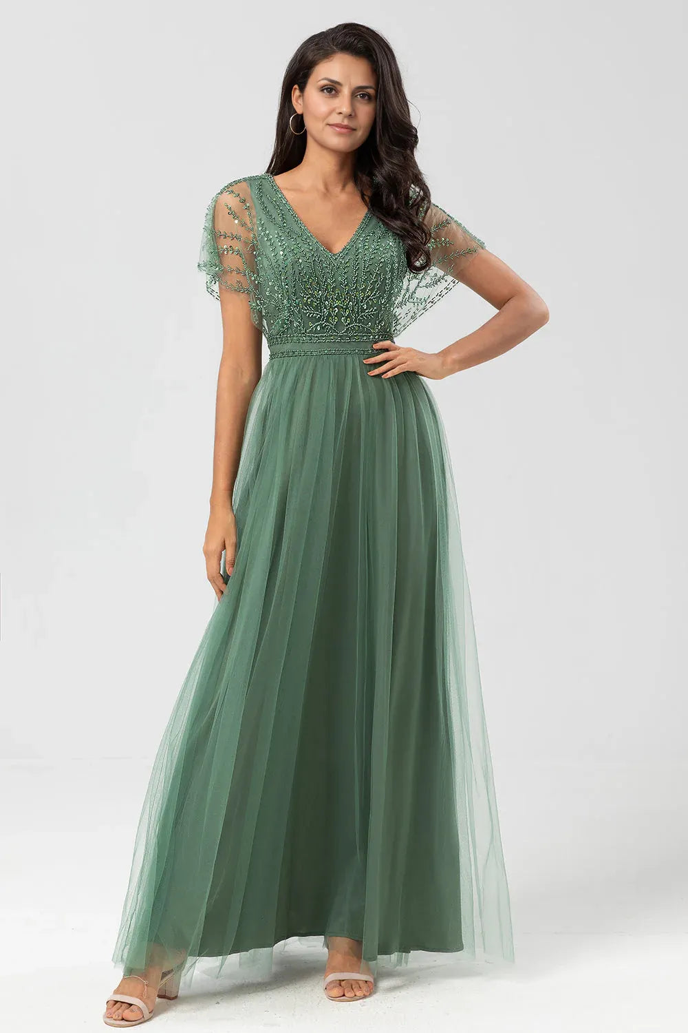 Elegant A-Line V Neck Flutter Sleeve Zipper Up Floor-Length Mother of the Bride Dress