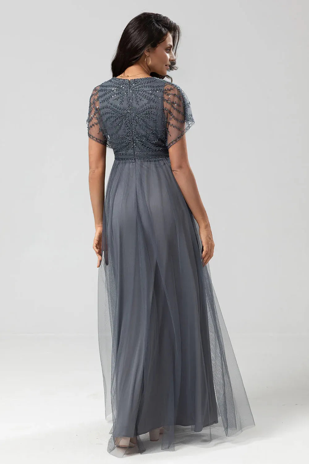 Elegant A-Line V Neck Flutter Sleeve Zipper Up Floor-Length Mother of the Bride Dress