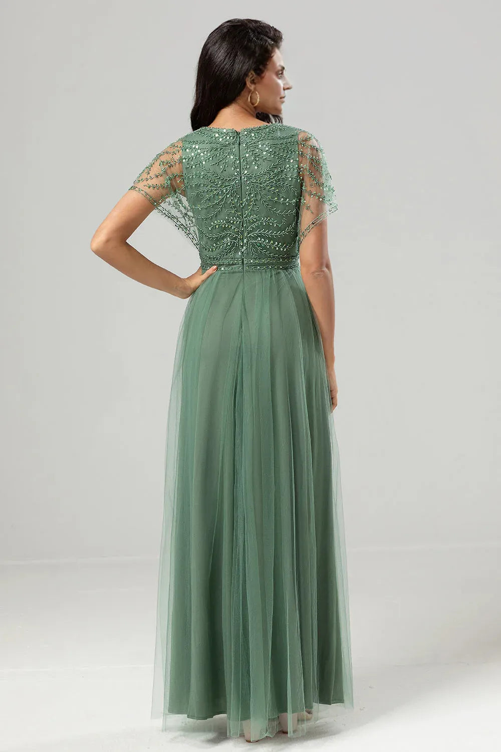 Elegant A-Line V Neck Flutter Sleeve Zipper Up Floor-Length Mother of the Bride Dress