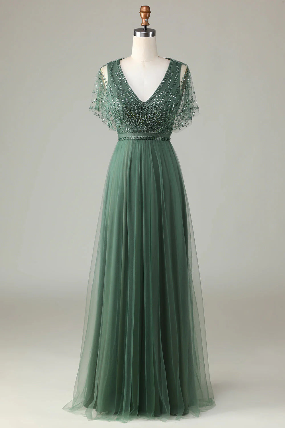 Elegant A-Line V Neck Flutter Sleeve Zipper Up Floor-Length Mother of the Bride Dress
