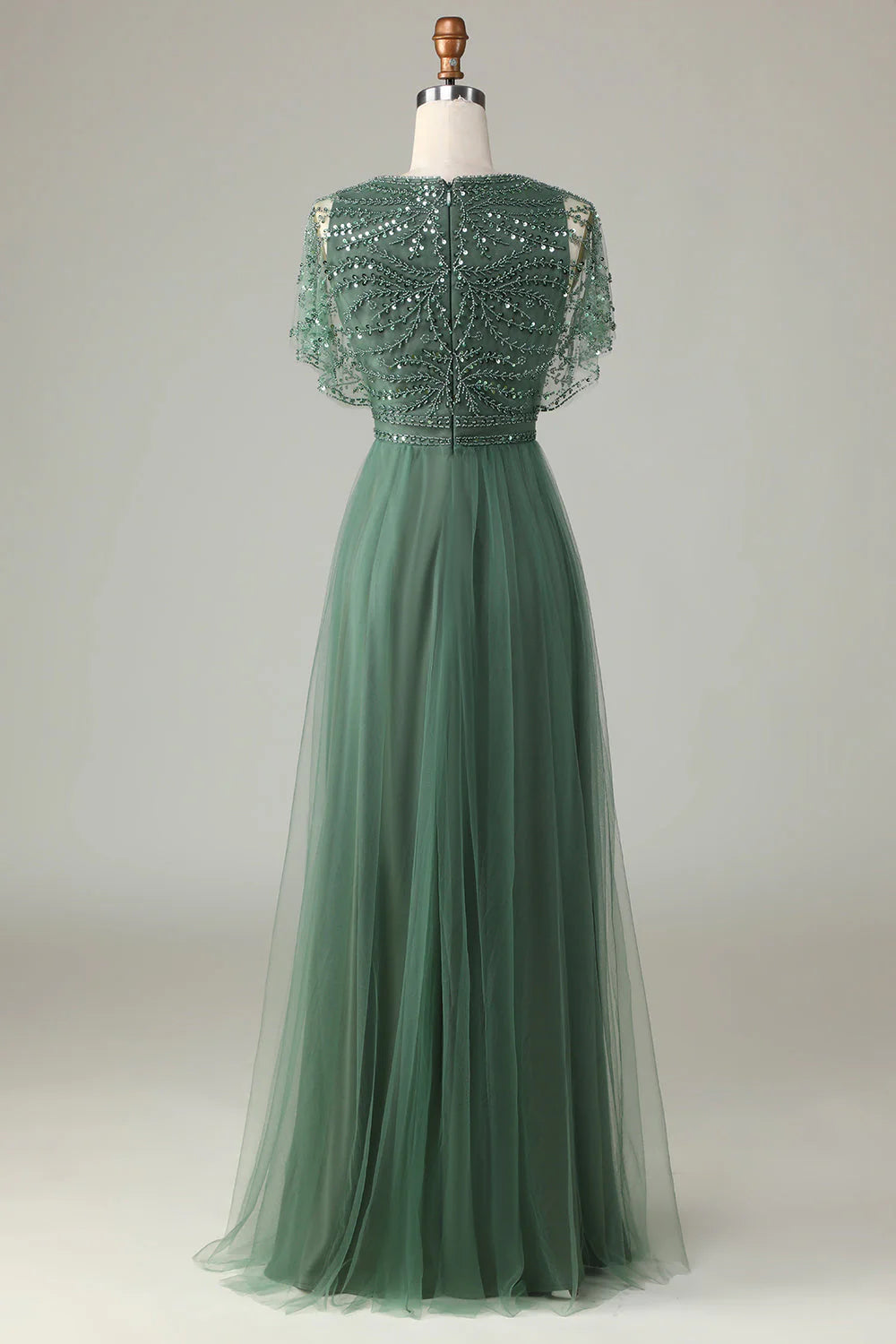 Elegant A-Line V Neck Flutter Sleeve Zipper Up Floor-Length Mother of the Bride Dress