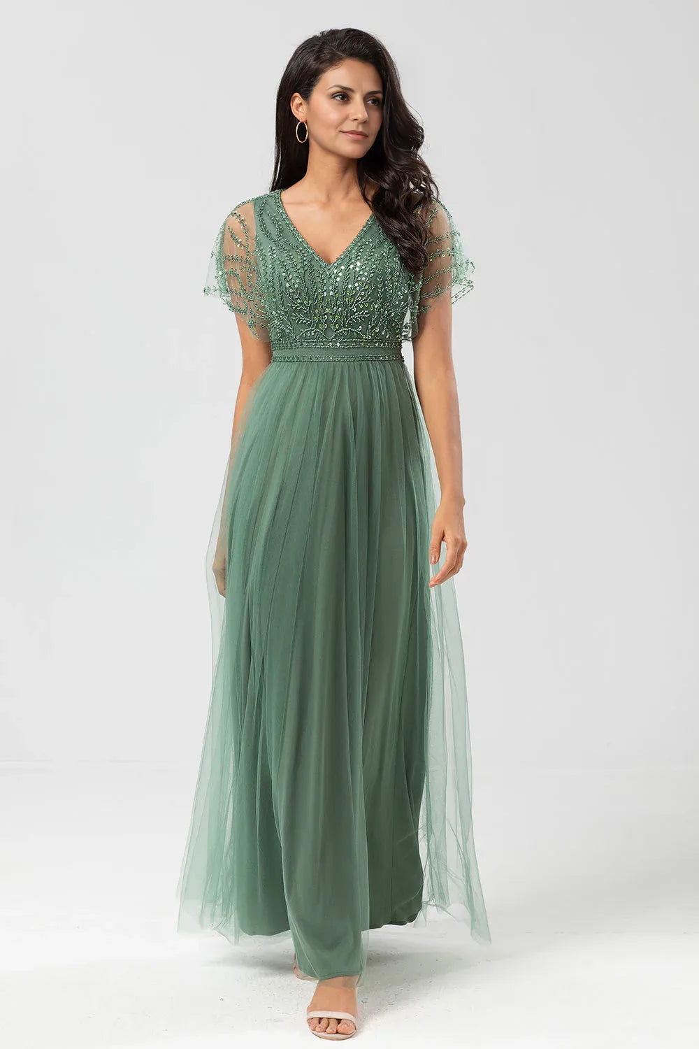 Elegant A-Line V Neck Flutter Sleeve Zipper Up Floor-Length Mother of the Bride Dress