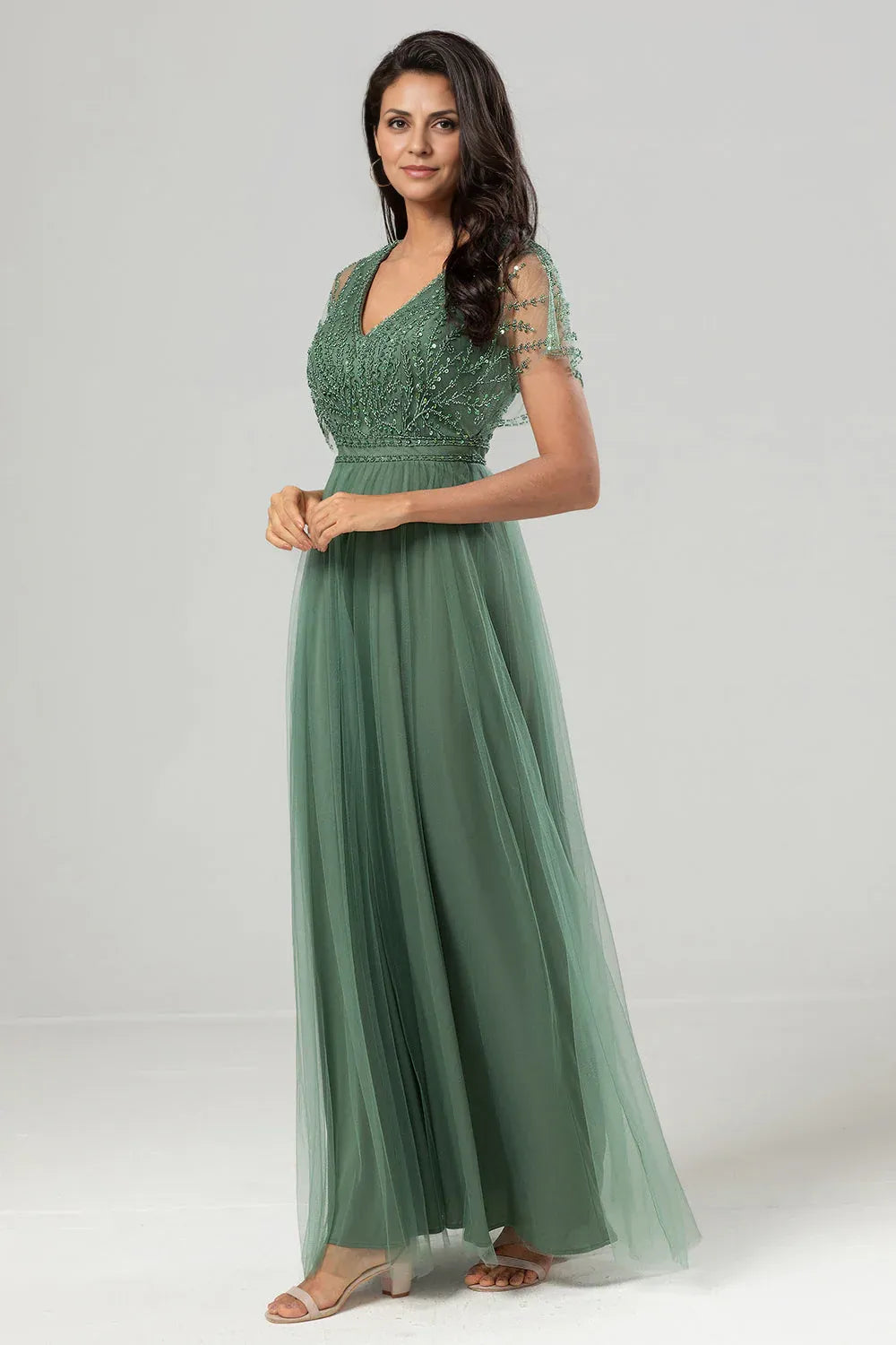 Elegant A-Line V Neck Flutter Sleeve Zipper Up Floor-Length Mother of the Bride Dress
