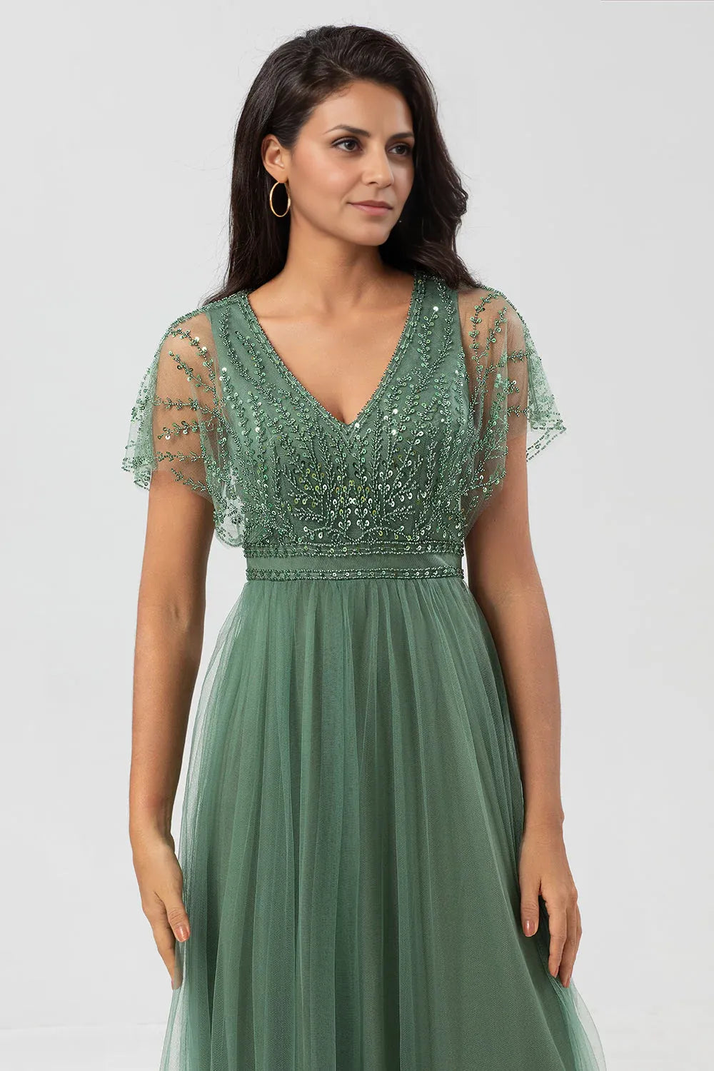 Elegant A-Line V Neck Flutter Sleeve Zipper Up Floor-Length Mother of the Bride Dress