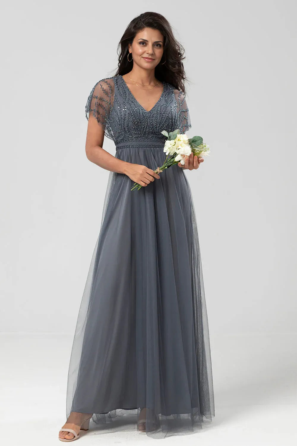 Elegant A-Line V Neck Flutter Sleeve Zipper Up Floor-Length Mother of the Bride Dress