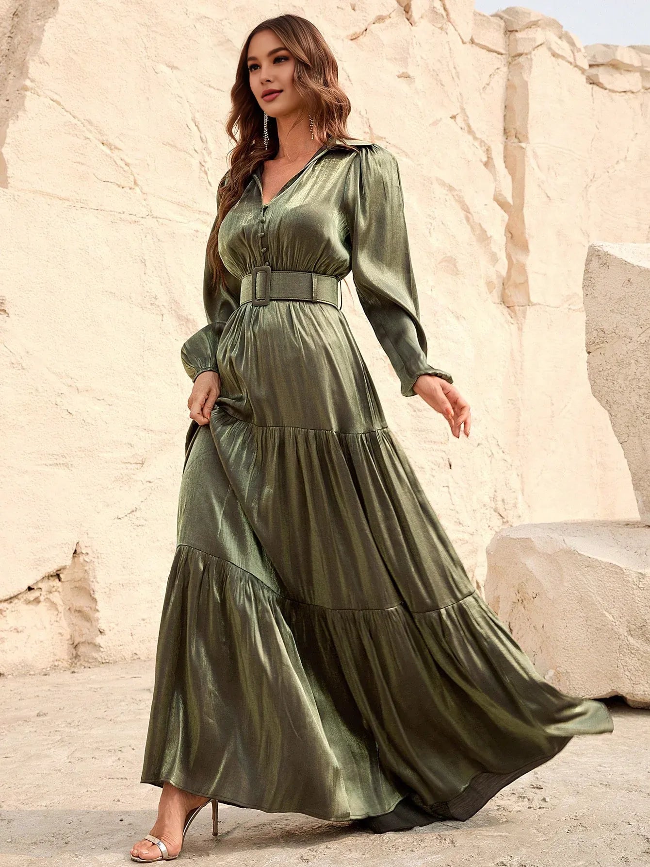 Elegant A-Line V Neck Lantern Sleeve Floor-Length Prom Dress