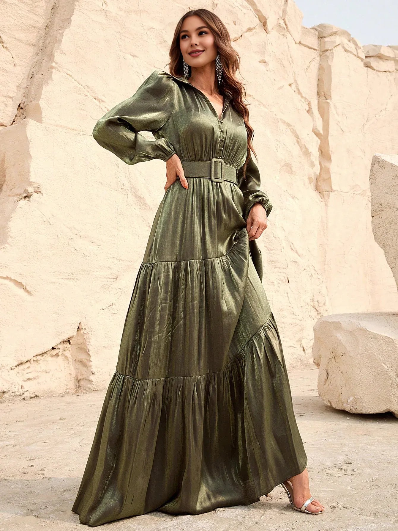 Elegant A-Line V Neck Lantern Sleeve Floor-Length Prom Dress